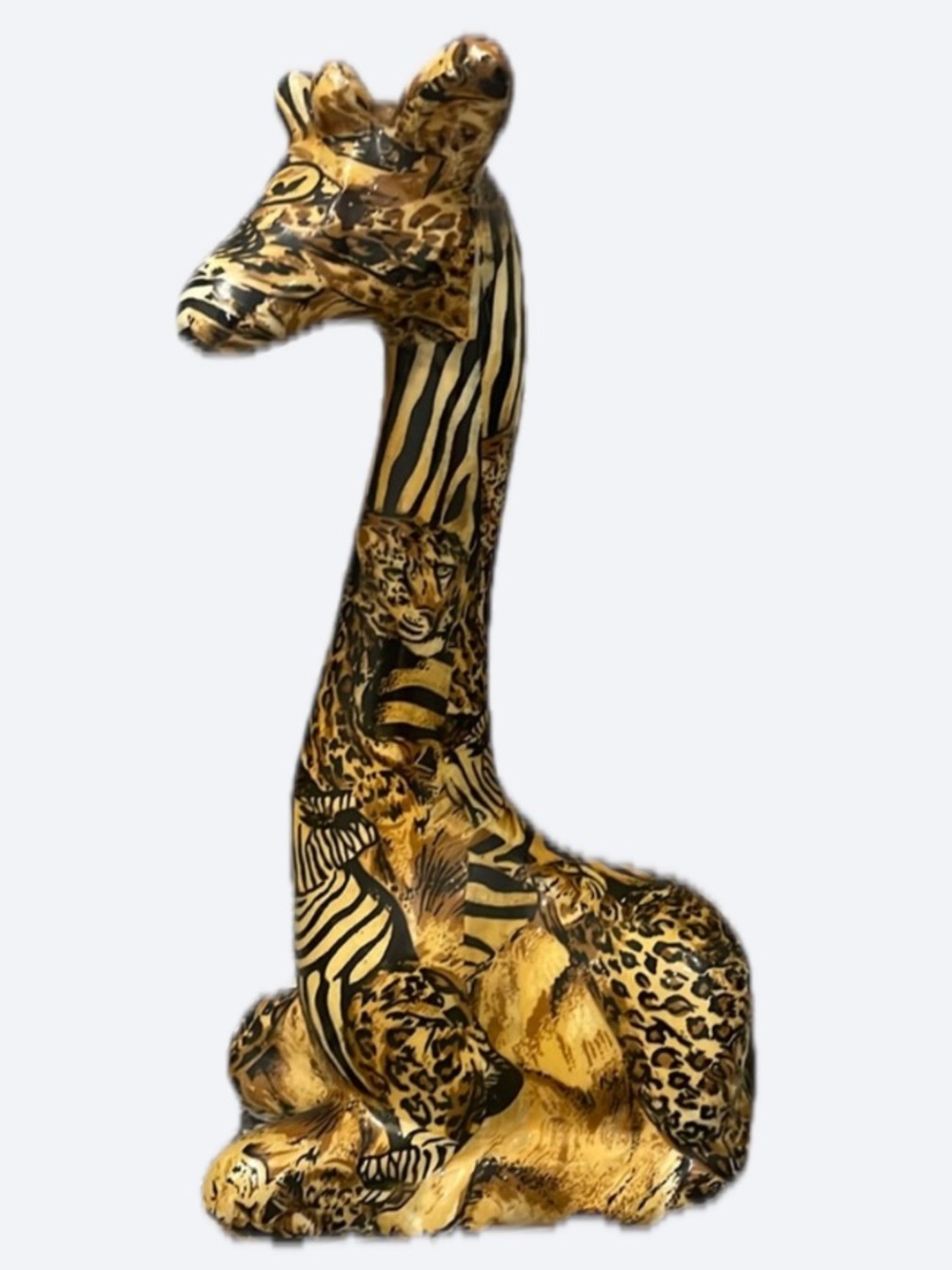 Vintage La Vie Safari Patchwork Sitting Giraffe Figurine Animal Print Decoupage